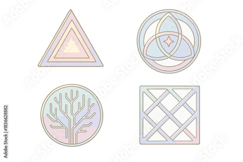 Cyber Mystic Geometry. Isometric vector illustration set Neo-hermetic stained glass: glowing triangles, orbiting glass sigils,