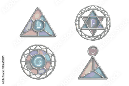Techno-Alchemy Symbols. Isometric vector illustration set Techno-alchemy symbols: neon stained glass, chrome lattice borders,