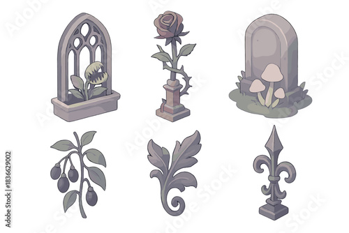 Gothic Garden Emblems. Isometric vector illustration set of gothic garden emblems: ornate window with Venus flytrap, thorned rose