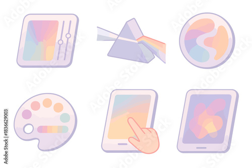 Visual Experiment Icons. Isometric vector illustration set of visual experiment icons: gradient morph panel, prism light splitter,