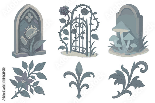 Dark Garden Flora. Isometric vector illustration set of dark garden flora: ornate cathedral window with flytrap, curling rose