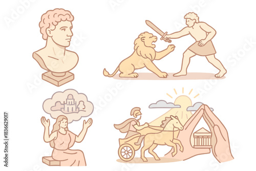 Classical Myth Illustrations. Isometric vector illustration set of classical myth compositions: sculpted hero portrait, combat
