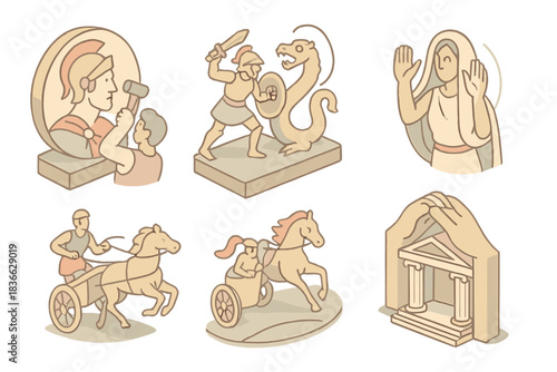 Ancient Legend Icons. Isometric vector illustration set of ancient legend icons: sculpting hero profile medallion, fierce monster