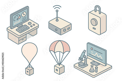Balloon Flight Workflow. Isometric vector illustration set of balloon flight mission workflow: launch control dashboard, GPS