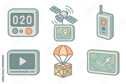 Aerospace Telemetry Icons. Isometric vector illustration set of aerospace telemetry icons: launch countdown interface, GPS