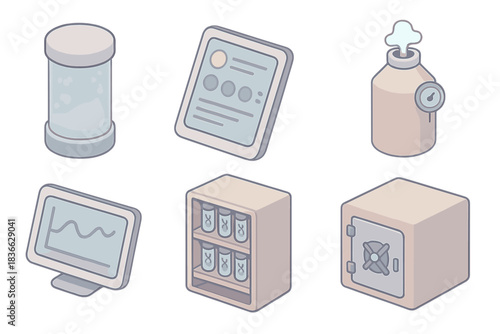 Cryogenic Preservation Tools. Isometric vector illustration set of long-term preservation tools: vitrification cylinder with frost