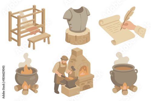 Medieval Craft Icons. Isometric vector illustration set of medieval village crafts: woven textile on loom, repaired breastplate