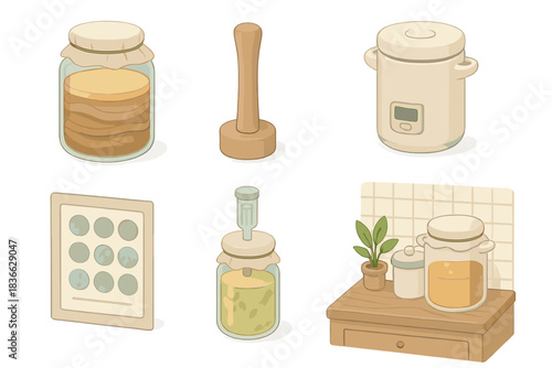 Home Brewing Tools. Isometric vector illustration set of home brewing accessories: SCOBY hotel for kombucha, cabbage kraut tamper,