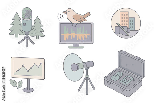 Wildlife Audio Study Icons. Isometric vector illustration set of wildlife audio study icons: microphone recording forest