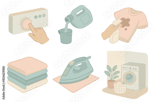 Efficient Laundry Process Icons. Isometric vector illustration set of efficient laundry process: control panel for cycle selection