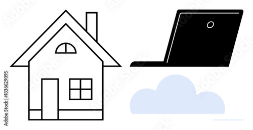 Remote work, cloud technology, connectivity, data access, online services, work from home. A black and white home, a laptop and a blue cloud graphic . Remote work and cloud technology
