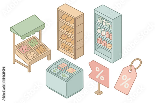 Market Icons Collection. Isometric vector illustration set of store department icons: fruit and vegetable stand, bakery rack full