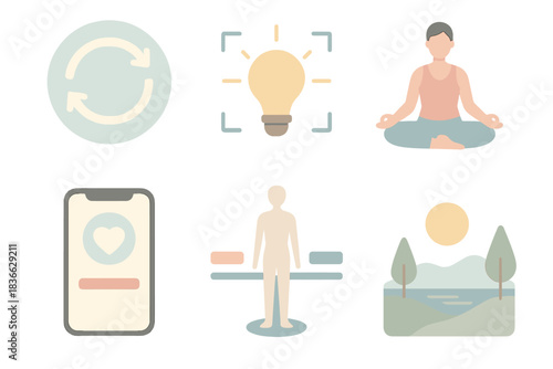 Mindful Wellness Icons. Isometric vector illustration set of mindful wellness guide: breathing loop illustration, focus light