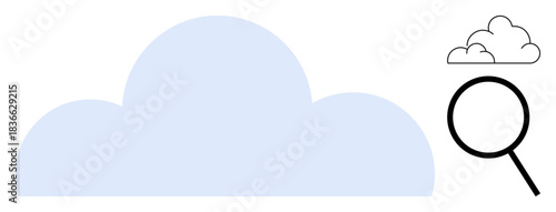 Large blue cloud with a small cloud emphasized under a magnifying glass, suggesting cloud analysis, research, storage, or discovery. Ideal for technology, data, innovation, cloud computing