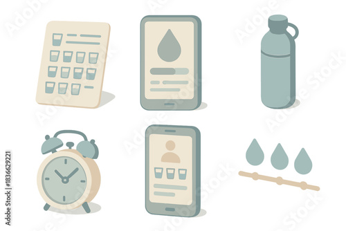 Hydration Management Icons. Isometric vector illustration set of water intake management: drink log sheet, hydration progress