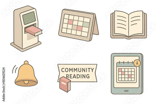 Library Tools Icons. Isometric vector illustration set of library visitor tools: self-return kiosk, monthly event planner, digital
