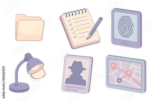 Digital Detective Toolkit. Isometric vector illustration set of private eye digital workflow: glowing digital file, investigation