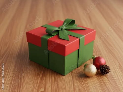 A seasonal, red and green gift box, with a ribbon, is sitting on a wooden surface. Beside the gift box are ornaments and a pinecone.