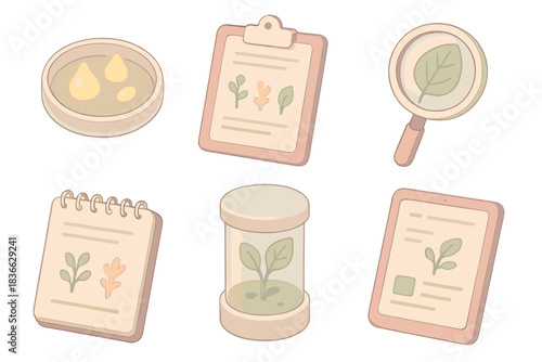 Alien Ecosystem Documentation. Isometric vector illustration set of alien ecosystem documentation: glowing seed samples, research