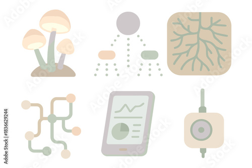 Mycelium Data Network. Isometric vector illustration set of mycelium data system: bioluminescent relay mushrooms, spore flow chart