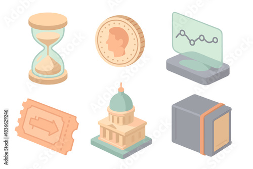 Temporal Tourism Icons. Isometric vector illustration set of temporal tourism collection: hourglass keepsake, retro coin,