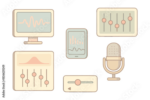 Audio Tools Isometric Icons. Isometric vector illustration set of sound evidence tools: waveform display screen, frequency