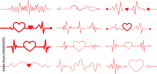 Red heartbeat line collection with heart symbol, cardiology, medical pulse, ECG, EKG design, healthcare clipart vector illustration, health monitoring, digital heartbeat graphics