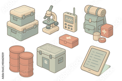 Expedition Station Tools. Isometric vector illustration set of expedition station tools: insulated crates, scientific instruments,