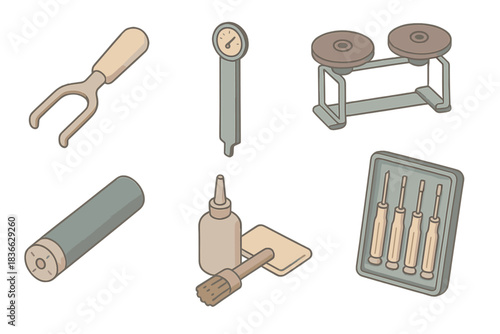 Antique Typing Tools. Isometric vector illustration set of antique typing equipment maintenance: keycap lever tool, typebar