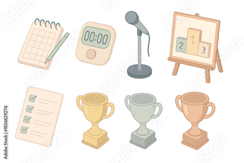 Whistling Competition Tools. Isometric vector illustration set of competitive whistling tools: judge’s score pad, countdown timer,