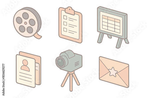 Festival Icons Toolkit. Isometric vector illustration set of festival selection toolkit: reel-to-reel film icon, voting sheet pad,