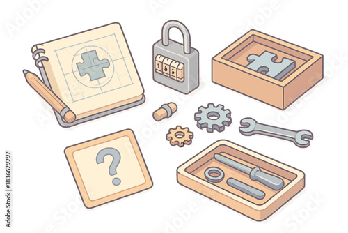 Puzzle Maker Workstation. Isometric vector illustration set of puzzle maker workstation: blueprint sketchpad, interactive lock,
