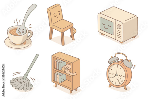 Animated Household Objects. Isometric vector illustration set Sentient household object daily routines: mischievous spoon stirring