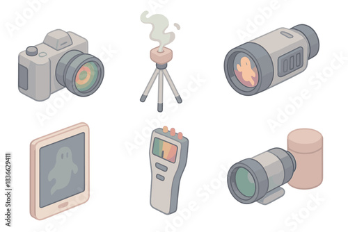 Ghost Hunting Equipment Icons. Isometric vector illustration set Ghost photography evidence analysis toolkit: infrared camera with