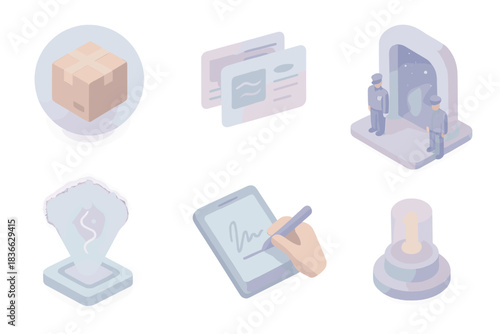 Interdimensional Postal Icons. Isometric vector illustration set Interdimensional postal service delivery tracking: package