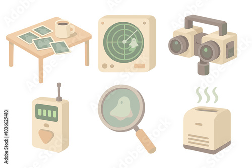 Ghost Investigation Toolkit. Isometric vector illustration set Ghost photography evidence analysis toolkit: investigator desk with