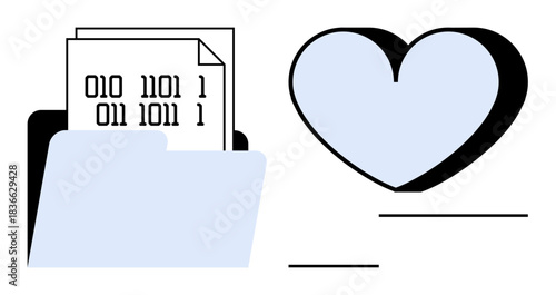 Data security, privacy protection, information storage, digital love, trust, personal information. Folder with binary code files and heart icon. Data security and privacy protection concepts