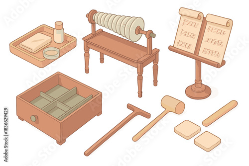 Glass Armonica Essentials. Isometric vector illustration set Glass armonica performance and maintenance: crystal polishing kit,