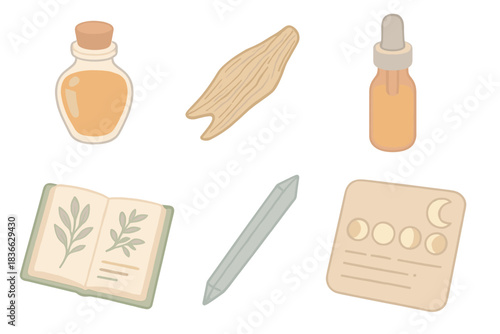 Esoteric Perfume Oils. Isometric vector illustration set Esoteric perfume oil blending notes: amber resin vial, oud wood sliver,