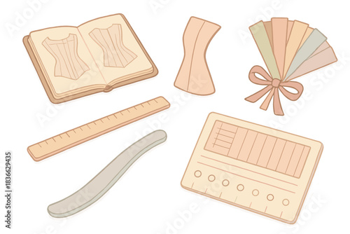 Historical Corset Drafting Tools. Isometric vector illustration set Historical corsetry pattern drafting tools: tailor’s notebook