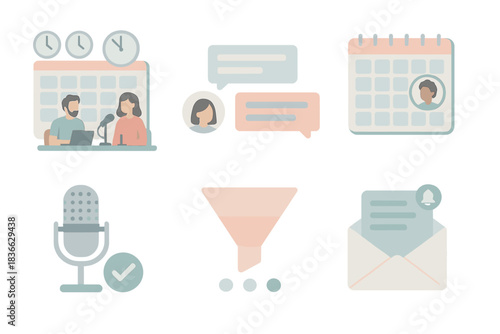 Podcast Scheduling Tools. Isometric vector illustration set Podcast guest booking and interview scheduling: multi-time zone
