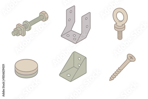 Treehouse Building Hardware Icons. Isometric vector illustration set Professional treehouse building hardware: threaded rod with