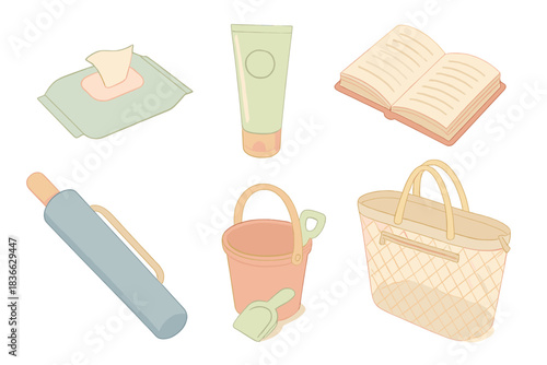 Beach Day Essentials. Isometric vector illustration set Beach day essentials packing list: pack of wet wipes, cooling aloe gel