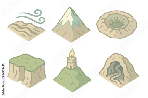 Fantasy Map Symbols. Isometric vector illustration set Fantasy map illustrator's topography symbols: ridgeline with wind pattern,