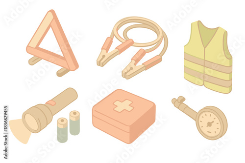 Car Emergency Kit Essentials. Isometric vector illustration set Basic car emergency kit contents: reflective safety triangle,