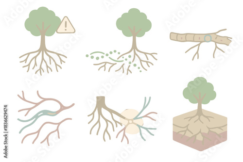 Underground Root Network. Isometric vector illustration set Underground tree root communication network: tree sending alert