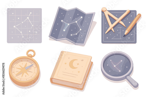 Lost Constellation Rediscovery. Isometric vector illustration set Lost constellation rediscovery and mapping: constellation