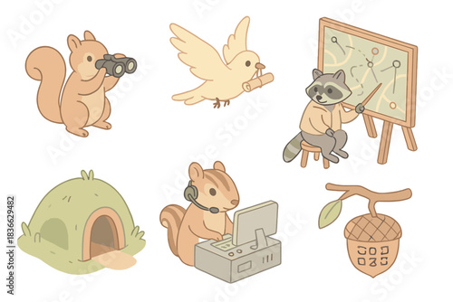 Suburban Animal Spy Operations. Isometric vector illustration set Suburban wildlife spy agency operations: squirrel agent with