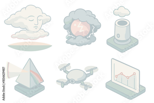 Cloud Meditation Artistry. Isometric vector illustration set Sentient cloud formation and weather control: ethereal cloud face
