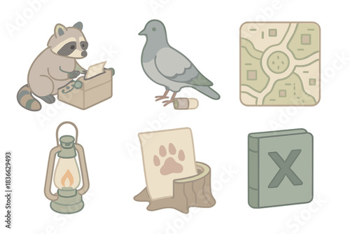 Suburban Wildlife Espionage. Isometric vector illustration set Suburban wildlife spy agency operations: raccoon analyst on